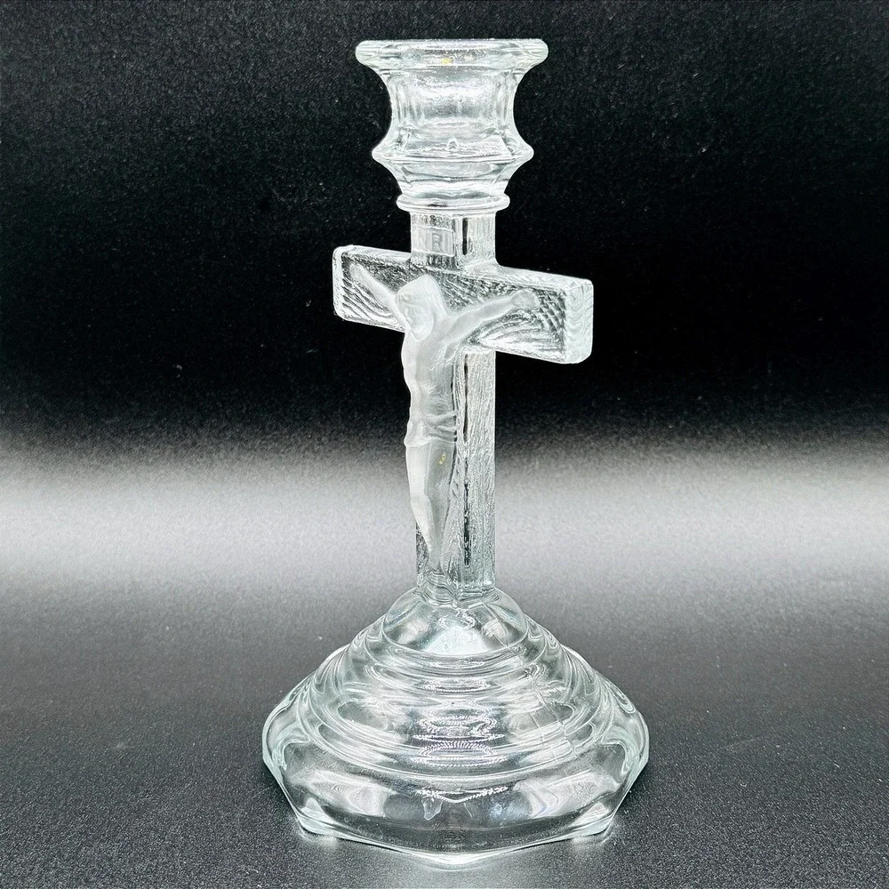 Vintage Home Interiors Glass Crucifix Candle Holder Jesus Religious‎ Cross USA